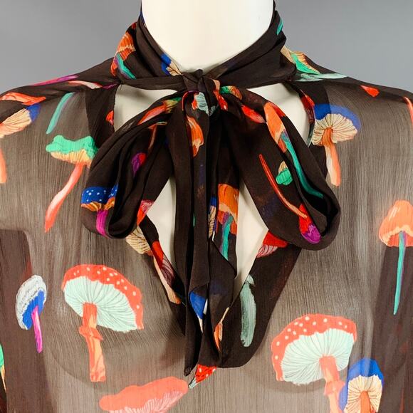 LE SUPERBE S Field Trip Brown Multi Color Chiffon Sheer Mushroom V-Neck Blouse - Picture 3 of 7